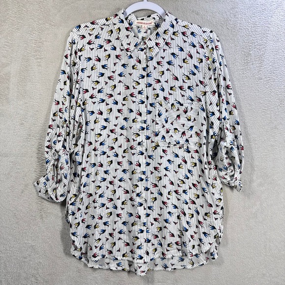 grand & greene Tops - Grand & Greene Women's S Bird Print Pinstripe Button Down Shirt Roll Tab Rayon